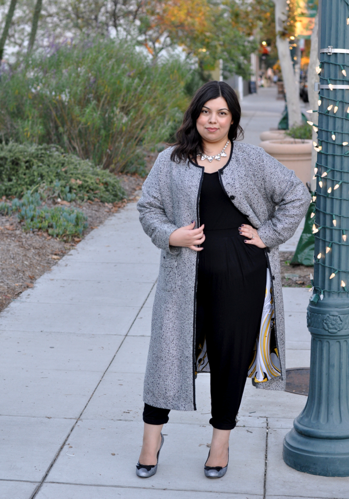 plus size fashion: coat, jumpsuit, jay miranda