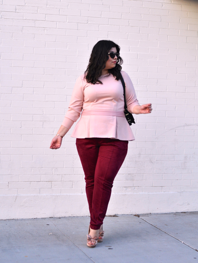 Valentines Day Outfit: Pink peplum and raspberry suede pants