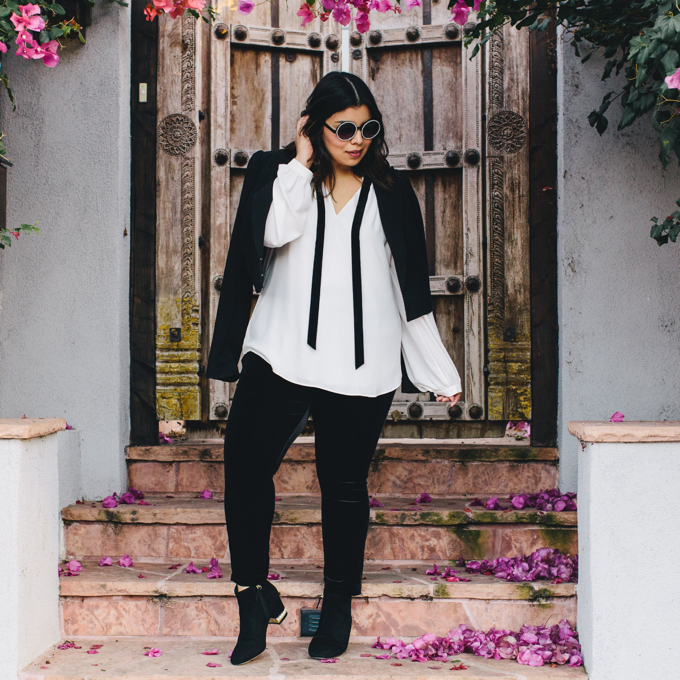 White House Black Market plus size leggings, blouse, pearl booties