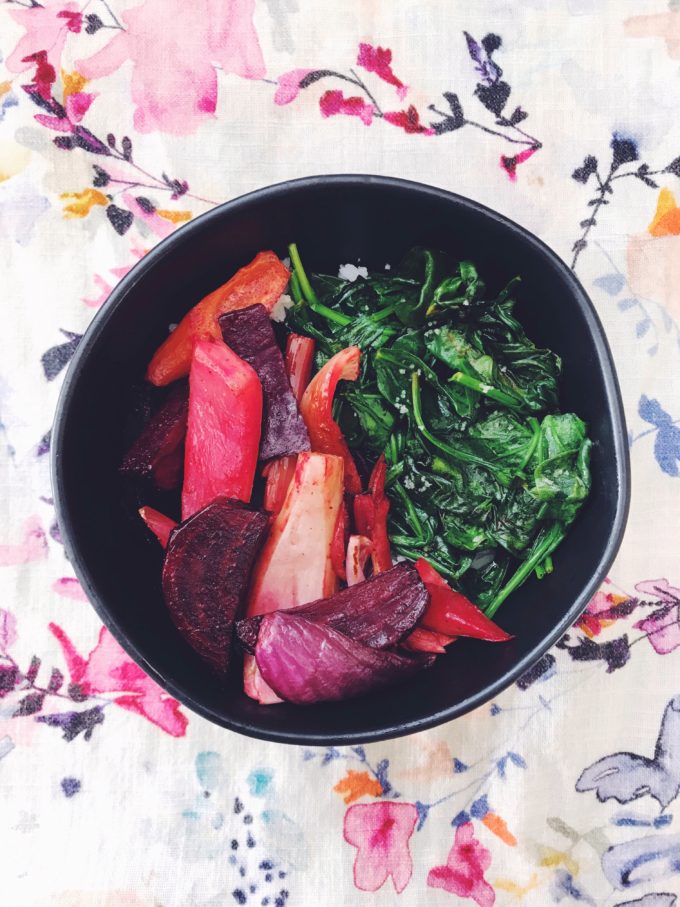 Veggie bowl with beets, carrots, fennel, onion, and spinach, over rice