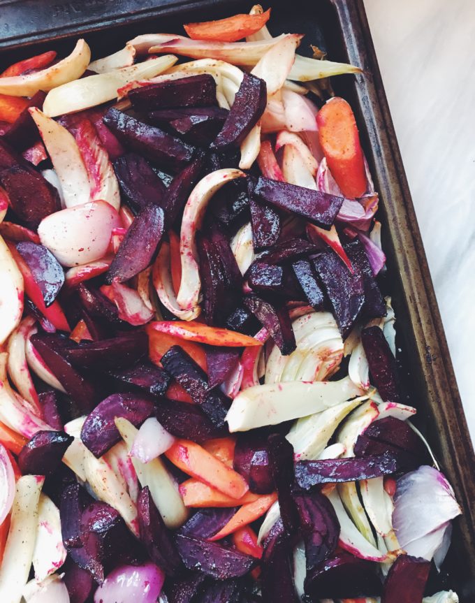 Winter vegetables: beets, fennel, red onion, carrots