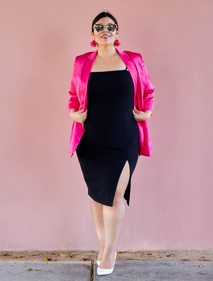 Black sheath dress with slit, pink blazer, express extended sizes