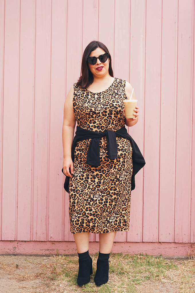 plus size fall outfit: leopard dress with ankle boots